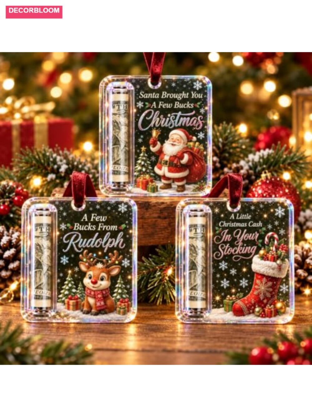 3 Pack Christmas Cash Gift Holder Ornaments Acrylic Money Holder Tree Decor